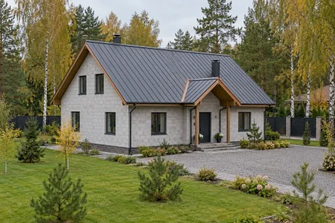 Двускатная фальцевая кровля на доме из газобетона 160 м² в Дмитрове — стропильная система из ЛВЛ-бруса и медная отделка ендов