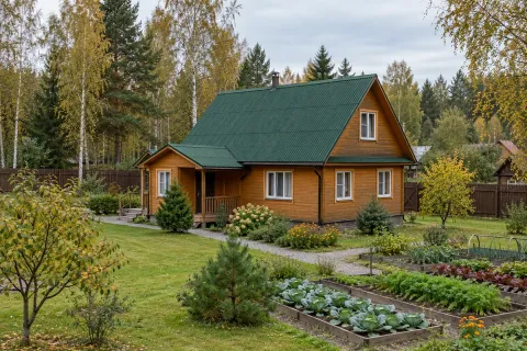 Двускатная крыша из ондулина Smart на даче с пристройкой 110 м² в Дмитрове — простая обрешётка 100×25 для летнего проживания