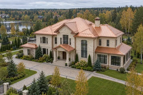 Фальцевая кровля из меди с ручной закаткой фальца на особняке 420 м² в Одинцово — премиум-проект цвета красной меди