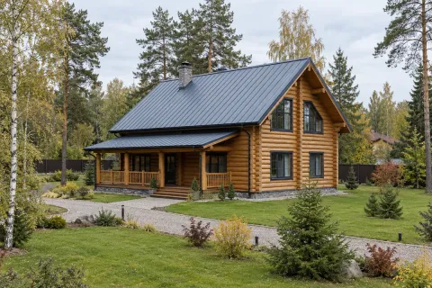 Фальцевая кровля из цинк-титана VMZINC Quartz-Zinc на доме из бревна 180 м² в Красногорске — экологичное покрытие для деревянного дома