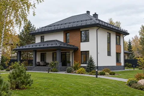 Монтаж кровельного ограждения на доме 240 м² с металлочерепицей в Истре — трубчатое ограждение и снегозадержатели RAL 7024