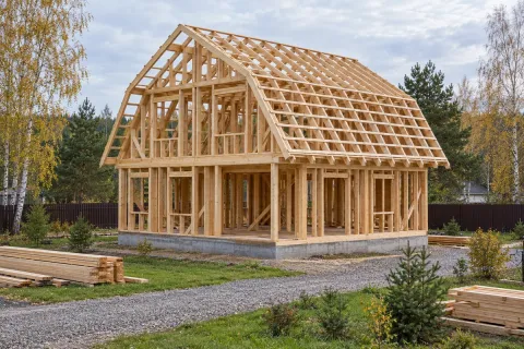 Монтаж мансардной стропильной системы из бруса 50×200 на доме 180 м² в Истринском районе — ригели и подкосы