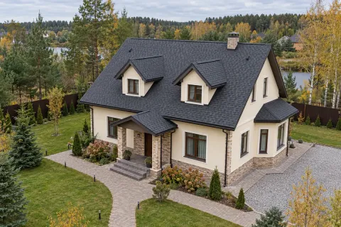 Ремонт кровли дома 180 м² в Красногорске — замена старой мембраны и повторная укладка мягкой черепицы