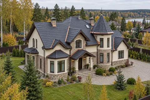 Строительство многощипцовой кровли 280 м² на доме с эркерами и башенкой в Красногорске — узлы из меди