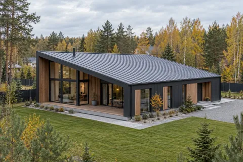 Строительство односкатной кровли 180 м² с уклоном 12° и фальцем «графит» на современном доме в Дмитрове