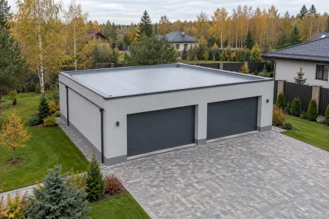 Строительство плоской кровли гаража на 2 машины 90 м² с ПВХ-мембраной и воронкой с обогревом в Балашихе