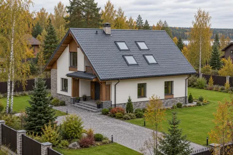 Установка четырёх мансардных окон Velux Standard 78×118 см на кровле коттеджа 240 м² в Истринском районе